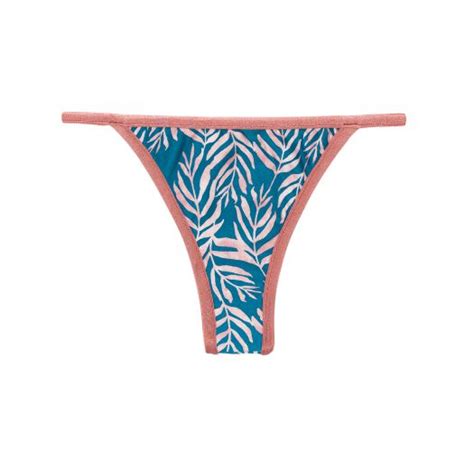 Blue Brazilian Bikini Bottom With Thin Sides And Leaves Pattern