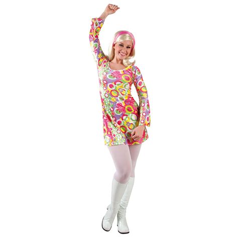 Adult 1960s Groovy Lady Fancy Dress Costume 60s 70s Hippy Flower Power