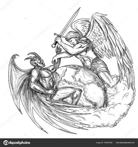 Angel Fighting Demon Over Earth World Tattoo Stock Photo By Patrimonio