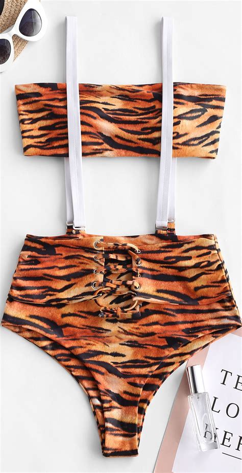 Tiger Print Lace Up Suspender Bikini Swimsuit Bikinis Swimsuits