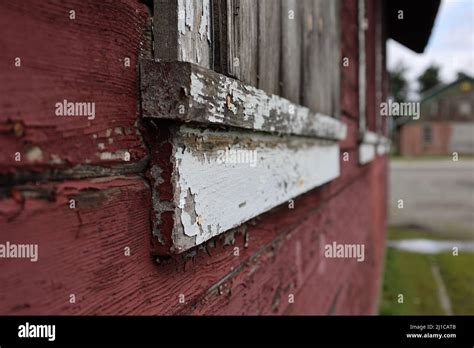 Paint On Barn Wall Decaying Up Close Of Wood Window Trim Stock Photo