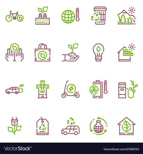 Nature Conservation Green Color Linear Icons Set Vector Image