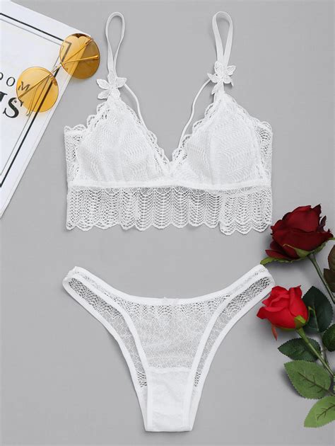 [66 off] flounce sheer caged lace bra and thong set rosegal