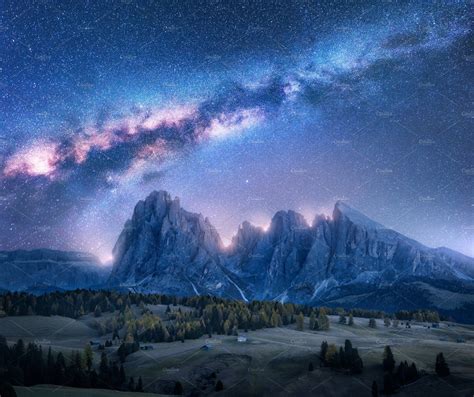 Colorful Milky Way Over Mountains Autumn Landscape Night Landscape