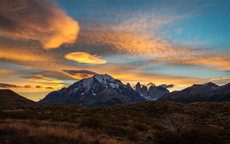 Andes Mountain Landscape Snow Capped Mountain Peaks Evening Sunset