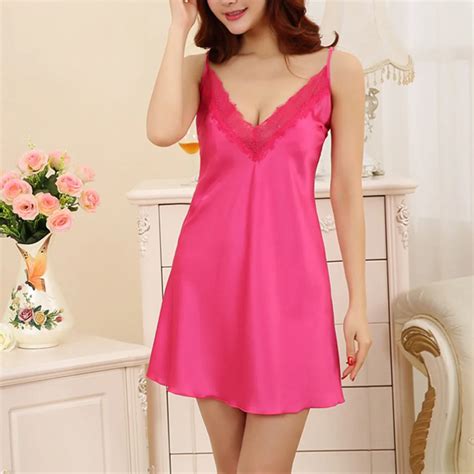 2018 Women Lace Satin Lingerie Sleepwear Robe Ladies Sexy Deep V Neck Backless Nightgown