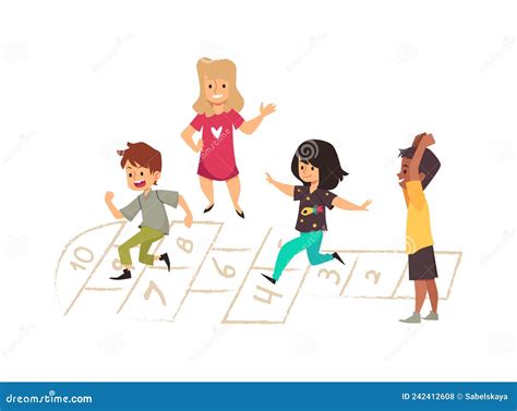 Niños Activos Jugando Con Hopscotch Juntos Ilustración De Vector Plana