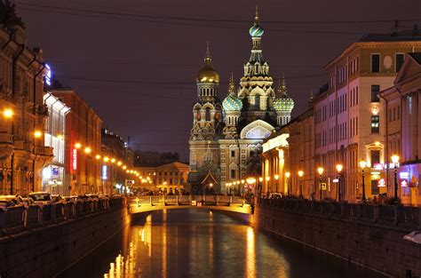 Russia St Petersburg Temples Houses Bridges Night Street