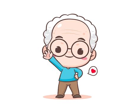 Premium Vector Cute Grandfather Or Oldman Cartoon Character Grandpa Say Hello Chibi Hand Drawn