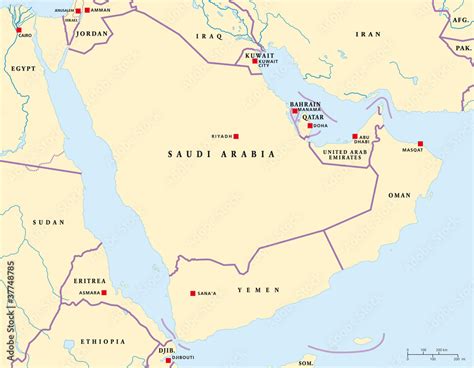 Vetor Do Stock Arabian Peninsula Political Map With Capitals And