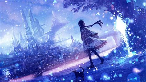 Cute Anime Girl With A Cat In A Futuristic City Wallpaper Backiee