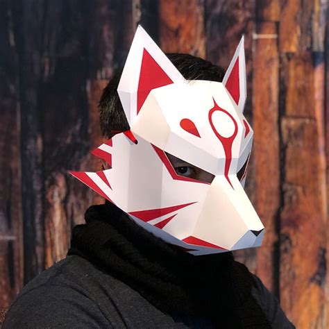 Kitsune Full Face Mask Demon Fox Diy Papercraft Template Etsy