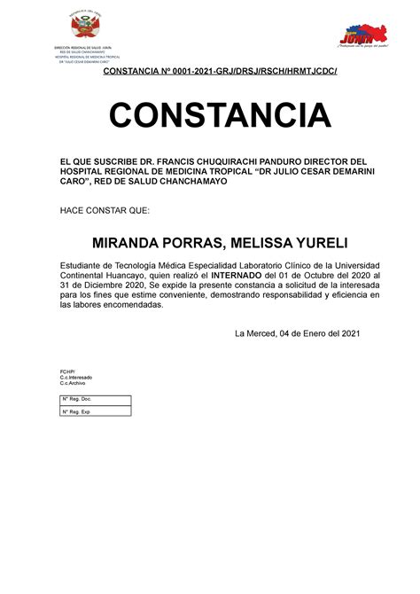Modelo DE Constancia para trabajadores CONSTANCIA Nº GRJ DRSJ RSCH HRMTJCDC Studocu