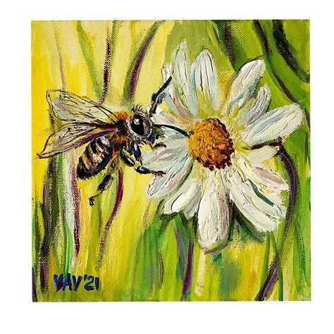 Honey Bee And Daisy Painting Bee And Flowers Original Art Etsy