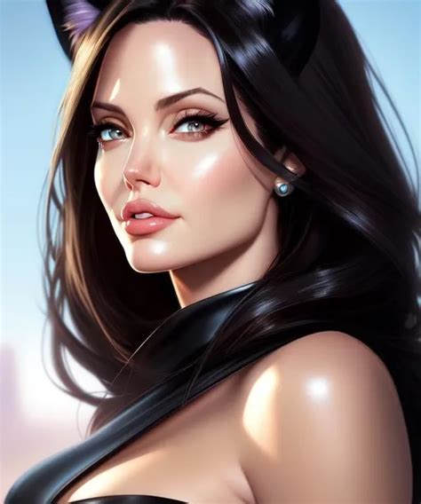 Closeup Face Portrait Of Angelina Jolie As Catwoman Openart