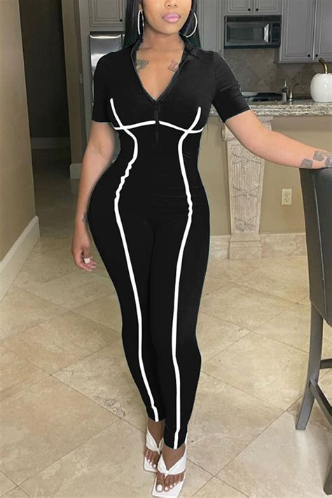 Black Sexy Solid Split Joint Turndown Collar Skinny Jumpsuitsjumpsuitsknowfashionstyle