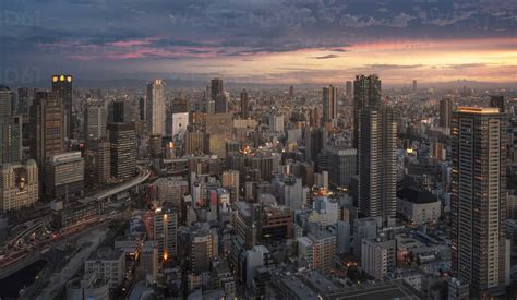 Japan Osaka Aerial City View At Sunset Stock Photo