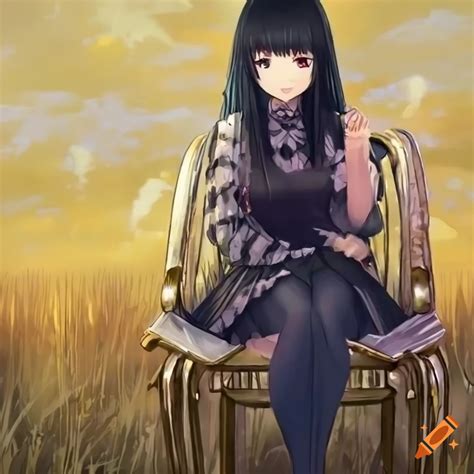drawing of a black haired anime girl sitting on a golden chair in a field on craiyon