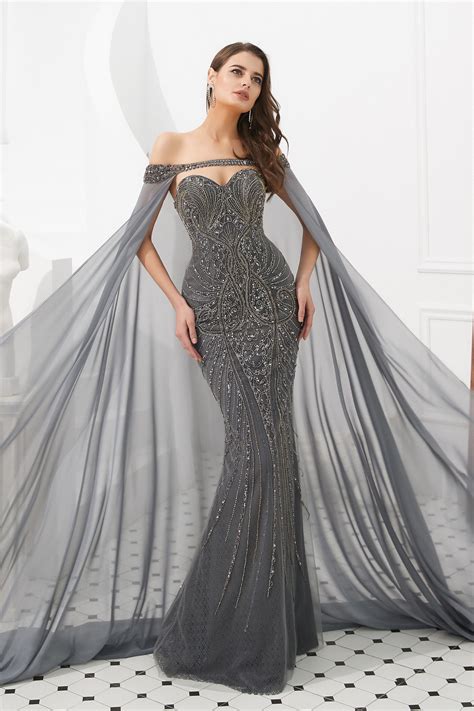 Grey Beaded Dubai Style Evening Dress With Cape Shawl Prom Dress With