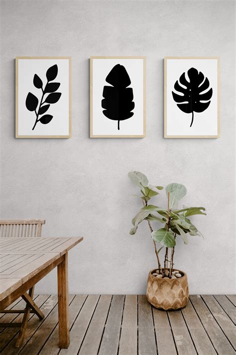Set Of 3 Prints Foliage Wall Art Leaf Wall Art Black And Etsy