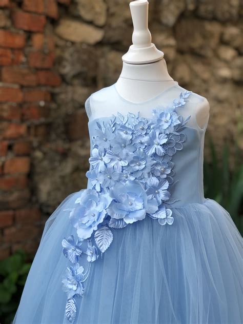 Sky Blue Flower Girl Dress First Birthday Dress Steel Blue Etsy In 2021 Pink Flower Girl