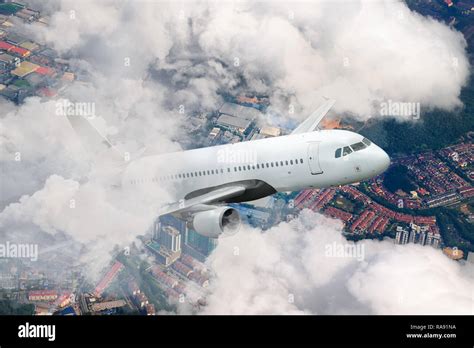 Plane Flying Sky Airplane Above City White Passenger Aircraft Climbs