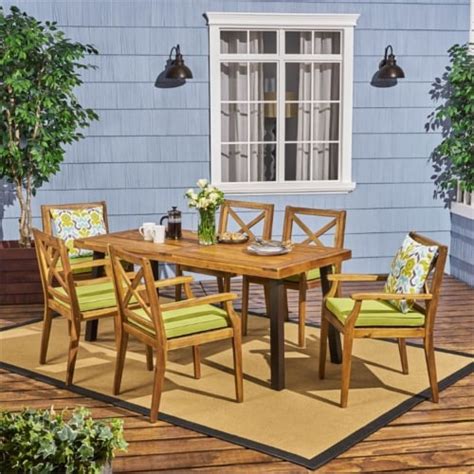 Noble House Juniper 7 Piece Wooden Patio Dining Set In Teak And Green