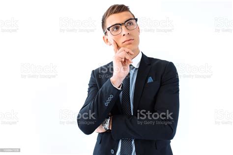 Brooding Business Man In Glasses And Suit Isolated On White Background