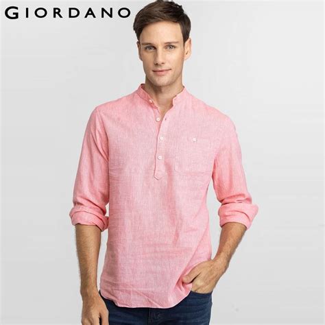 Giordano Men Shirt Linen Long Sleeves Mandarin Collar Shirts Pockets