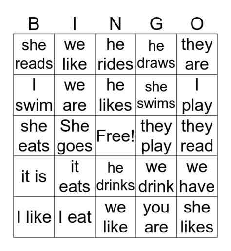 Subject Pronouns And Verbs Bingo Card