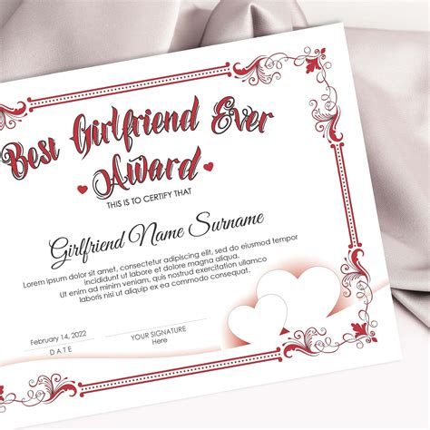 Valentines Day Best Girlfriend Ever Award Certificate Template