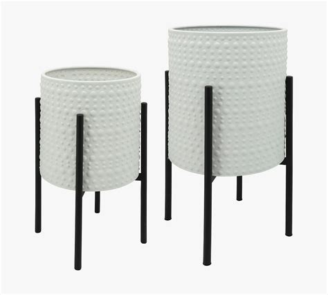Bella Gray Patterned Raised Planters With Black Stand Set Of 2 Pottery Barn