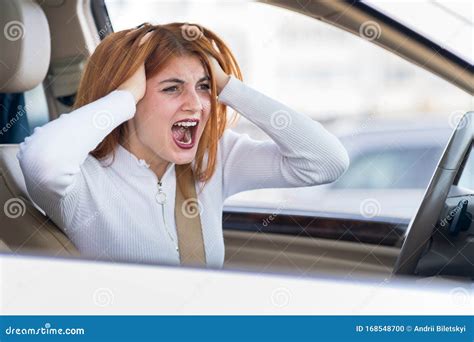 Closeup Portrait Of Off Displeased Angry Aggressive Woman Driving A Car