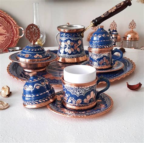 Turkish Arabic Coffee Set Copper Coffee Cup Set Blue Copper Etsy