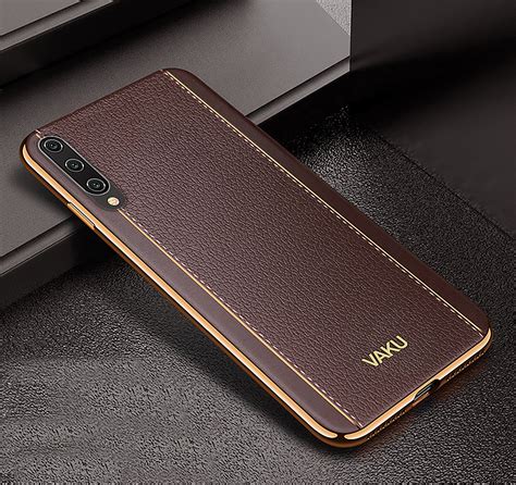 Vaku Xiaomi Mi A3 Vertical Leather Stitched Gold Electroplated Soft