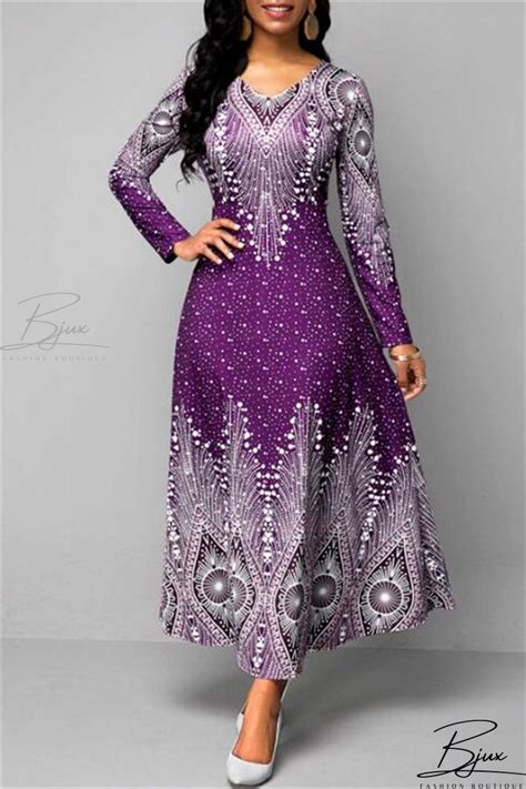 Bjux Purple Casual Print Basic O Neck Long Sleeve Dresses Maxi Dress Sale Plus Size Maxi