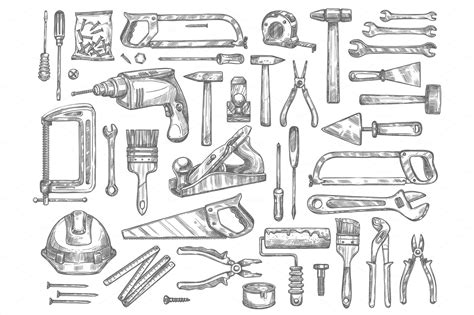 Vector Work Tools Sketch Icons For House Repair Decorative