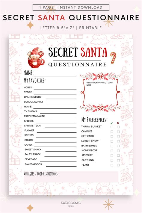 Secret Santa Questionnaire Printable For Work Secret Santa Party Secret