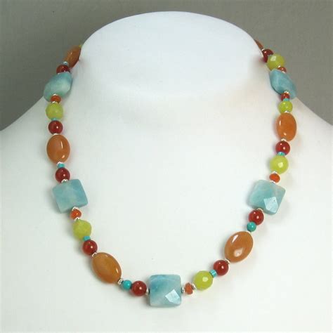 Jade Necklace With Aqua Orange And Yellow Jade With Turquoise Etsy
