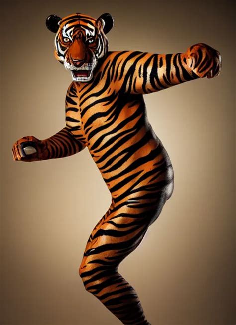 Studio Photo Still Of A Full Body Humanoid Human Tiger Stable