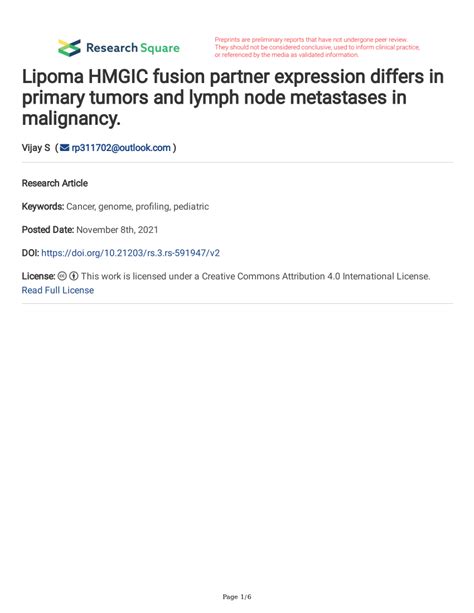 Pdf Lipoma Hmgic Fusion Partner Expression Differs In Primary Tumors And Lymph Node Metastases