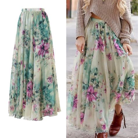 2016 Vintage Womens Boho Floral Long Maxi Skirt Summer Beach Printing