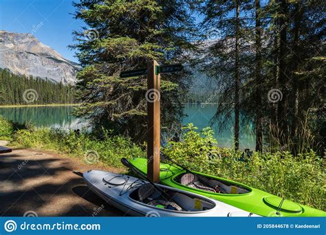 Canoeing On Emerald Lake In Summer Sunny Day Yoho National Park