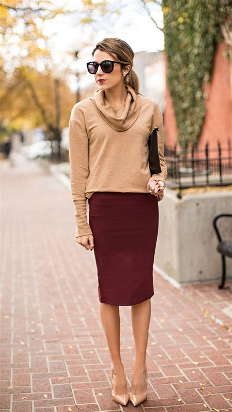 Camel Cowl Neck Sweater Burgundy Pencil Skirt Work Outfits