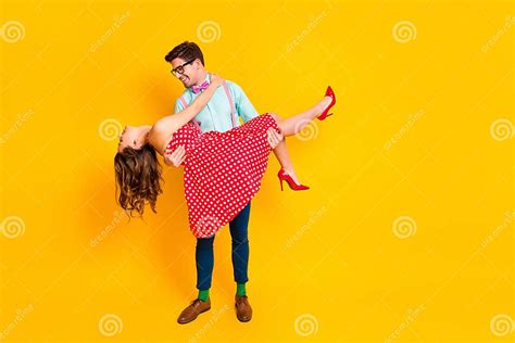 Full Body Photo Of Pretty Lady Handsome Guy Couple Carry Lovely Girlfriend Hands Good Mood Wear