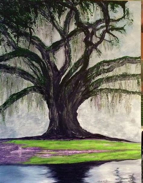 Old Live Oak Tree Reflected In Water Painting By Pamela Obrien Fine