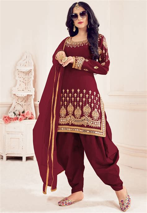 Embroidered Art Silk Punjabi Suit In Maroon Kch7888