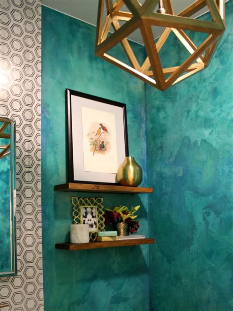 Contemporary Teal Powder Room With Geometric Pendant Light
