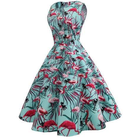 2019 Robe Femme Vintage Pin Up Flamingos Printed Dress 50s 60s With