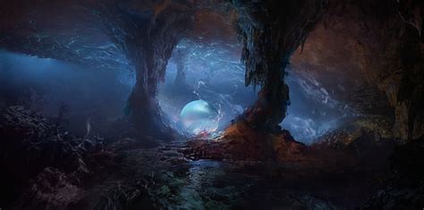 Hd Wallpaper Cave Fantasy Underground Waterfall Forest Tree